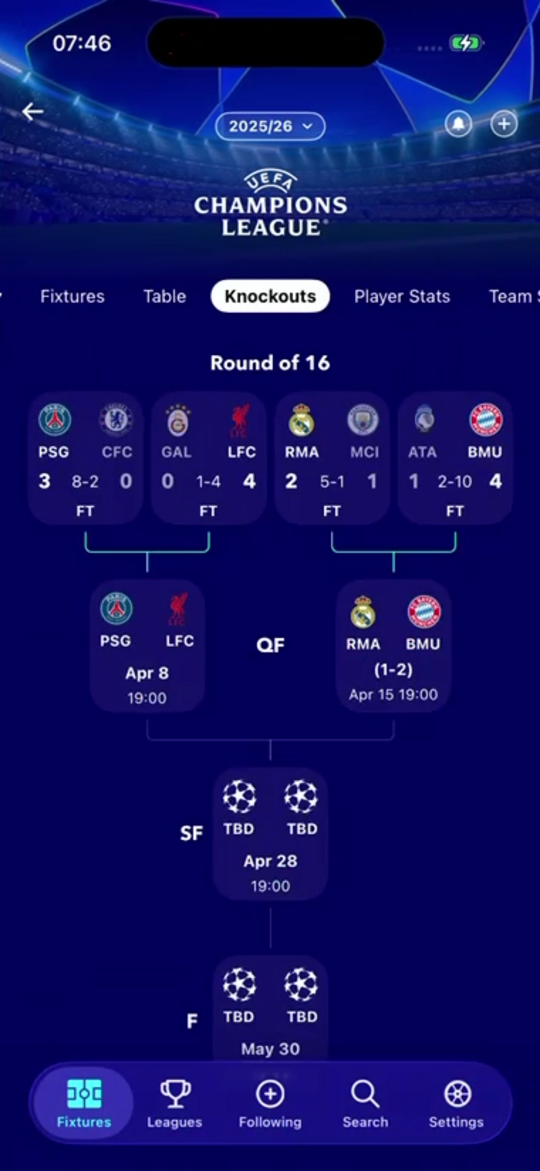 An internal screen from the FollowScores app