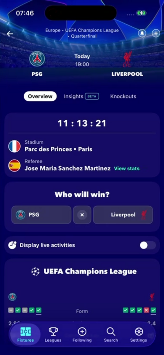 An internal screen from the FollowScores app