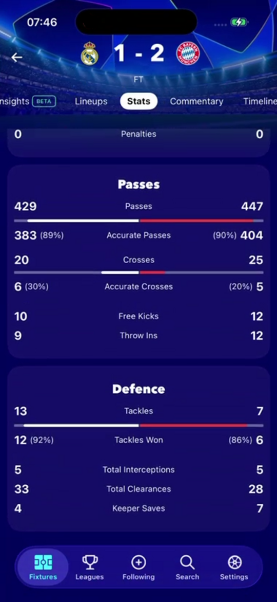An alternative internal screen from the FollowScores app