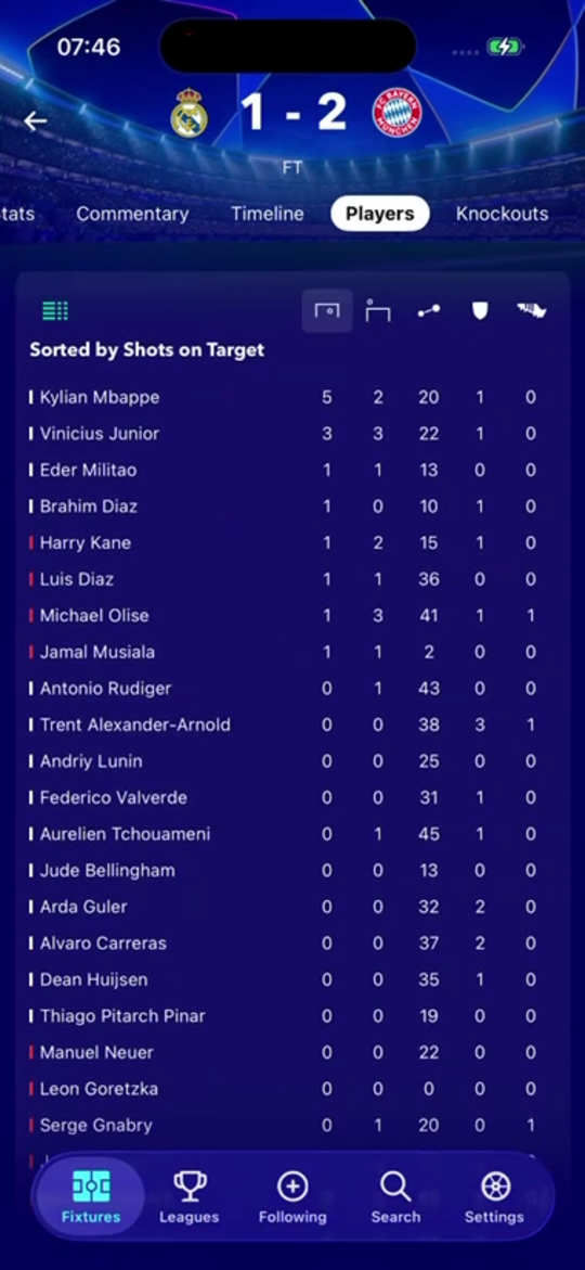 An alternative internal screen from the FollowScores app