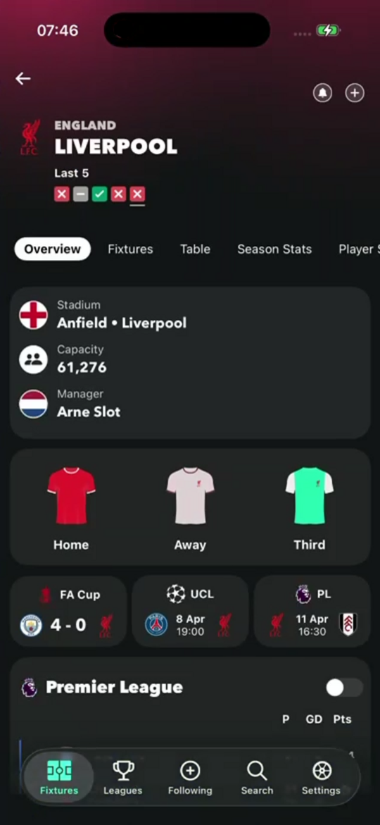 An internal screen from the FollowScores app